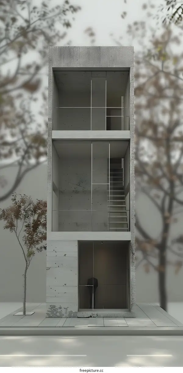 Minimalist Concrete Building with Glass Windows and a Staircase