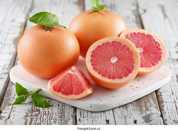 Fresh Grapefruit with Green Leaves on Wooden Table