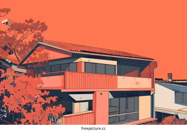 Orange House with Red Roof and Balcony in a City