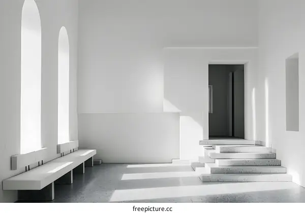 Minimalist White Interior Design With Arched Windows and Steps
