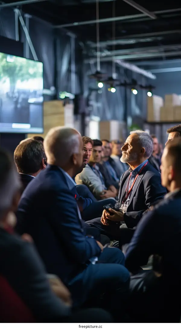 Group of business people in suits listening to a presentation in a conference room
