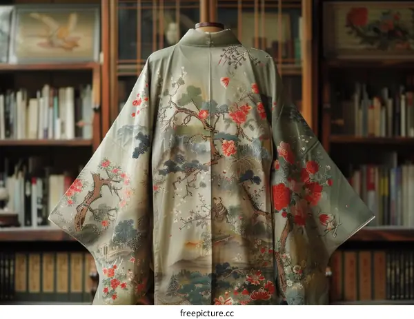 An elegant kimono with a pattern of trees, flowers, and birds