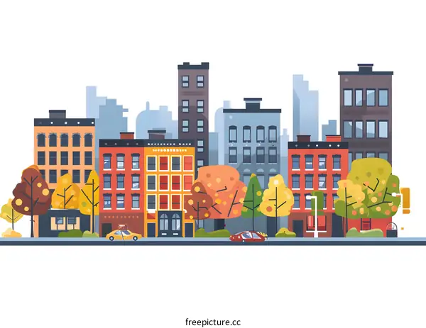 Autumn Cityscape with Colorful Buildings and Trees