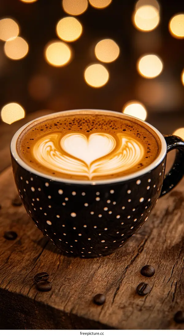 Aromatic Heart-Shaped Latte Art on a Rustic Wooden Table