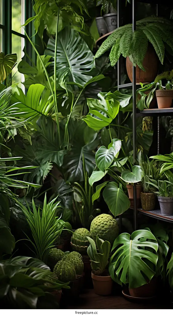 The lush green leaves of various tropical plants fill the greenhouse, creating a dense and vibrant indoor jungle.