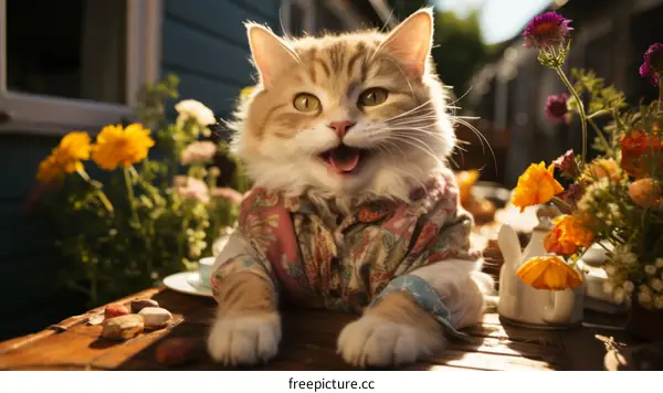 A ginger cat wearing a floral shirt is sitting on a table in a garden