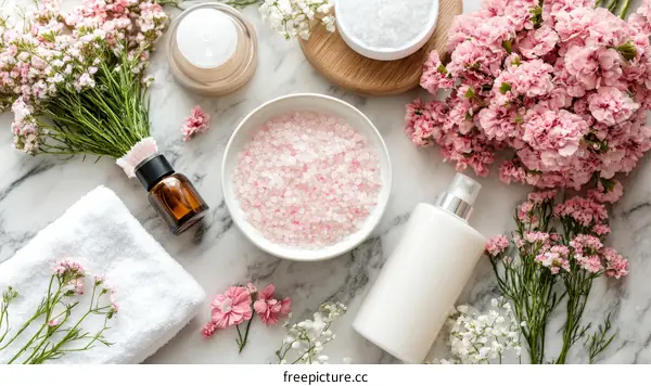 Spa Products and Flowers on Marble Surface