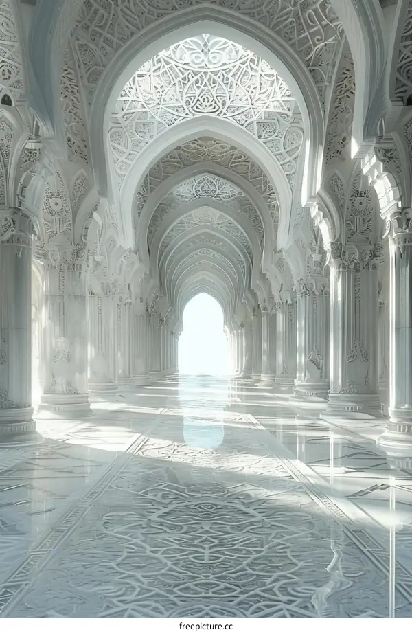 Ornate White Marble Hallway with Intricate Carvings and Arches