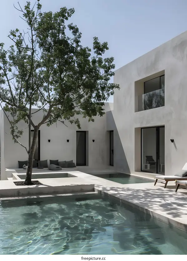 Modern Minimalist Poolside Design With Tree