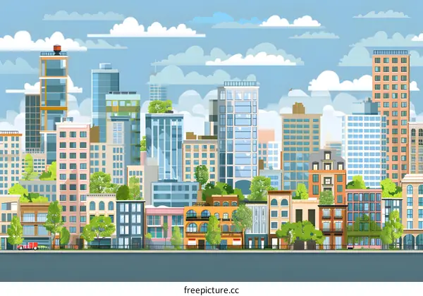 Modern Cityscape With Green Rooftops