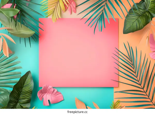 Tropical Summer Background with Pink Paper and Green Leaves