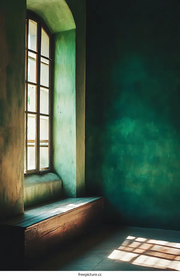 Old Window in a Green Room with Sunlight