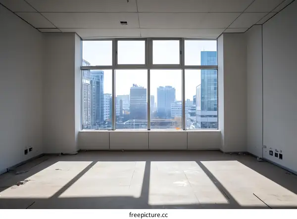 Empty Office Room With Window View of Cityscape