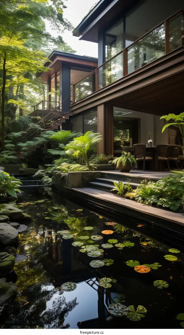 Modern House surrounded by lush greenery and a pond