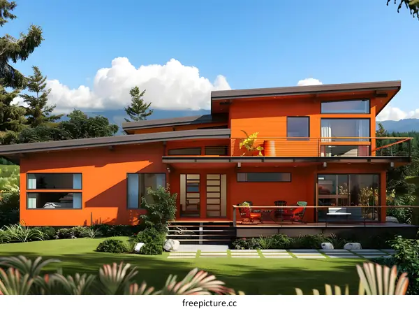 Modern House Design with Orange Exterior and Large Windows