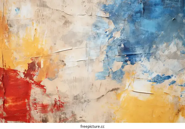 Colorful abstract painting with blue, yellow and red paint