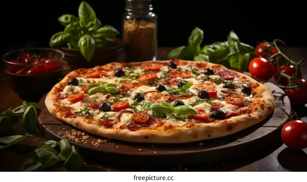 A delicious pizza with pepperoni, olives, basil, and tomatoes