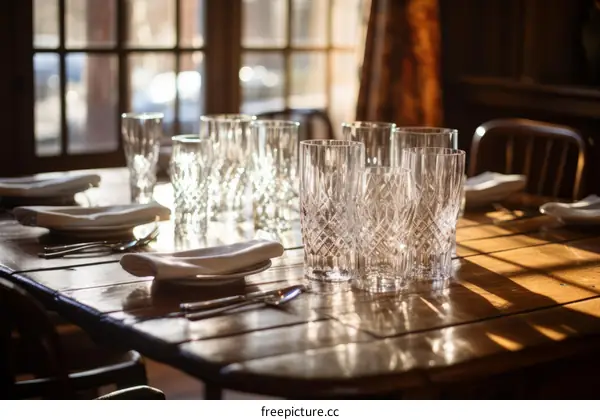 Crystal glasses on a wooden table set for a fine dining event