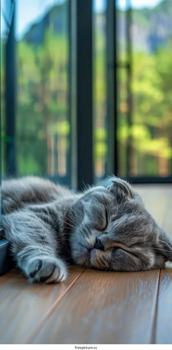 A Gray Cat is Curled Up on a Wooden Floor in Front of a Wall of Windows