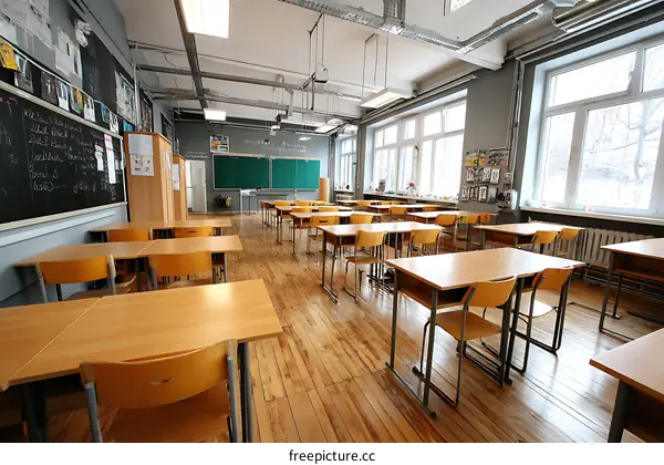 Empty Classroom with Wood Tables and Chairs