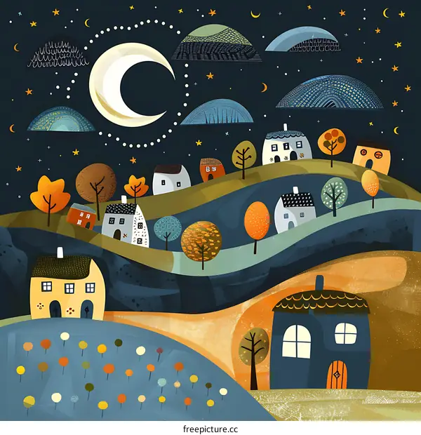 Night Sky Village Illustration with Crescent Moon