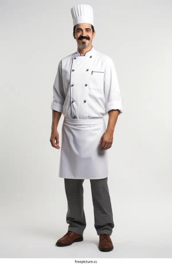 Chef in white uniform with apron and mustache