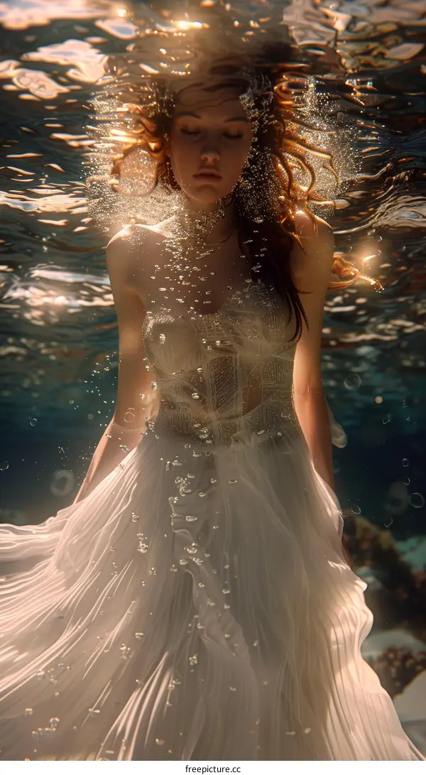An ethereal underwater portrait of a woman in a white dress