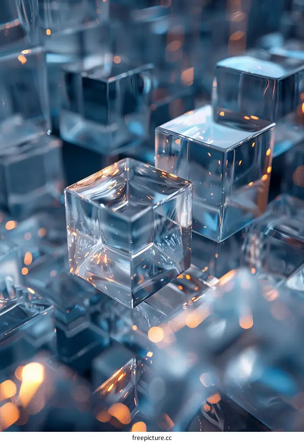 Abstract glowing blue ice cubes 3D render
