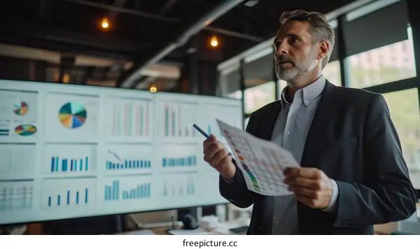 Businessman analyzing charts and graphs on a large screen while holding a document