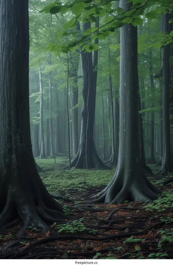 Green trees in a misty forest