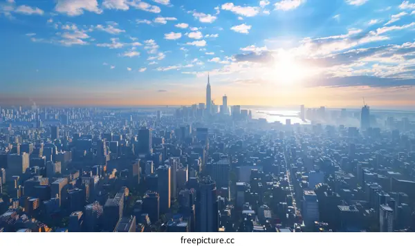 Aerial View of a Modern City Skyline at Sunrise