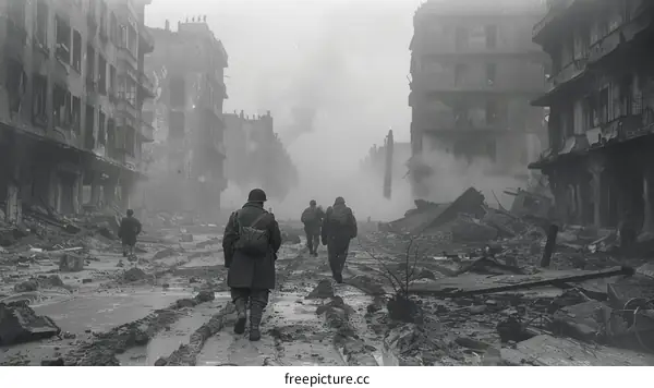 Black and white photo of World War II soldiers walking through a destroyed city