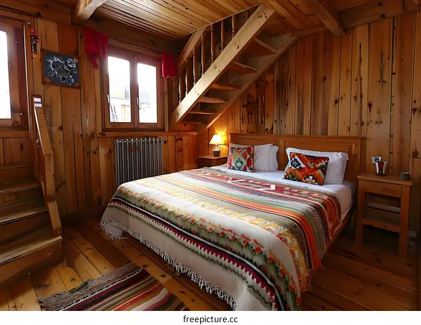 Cozy Wooden Bedroom with Colorful Blanket