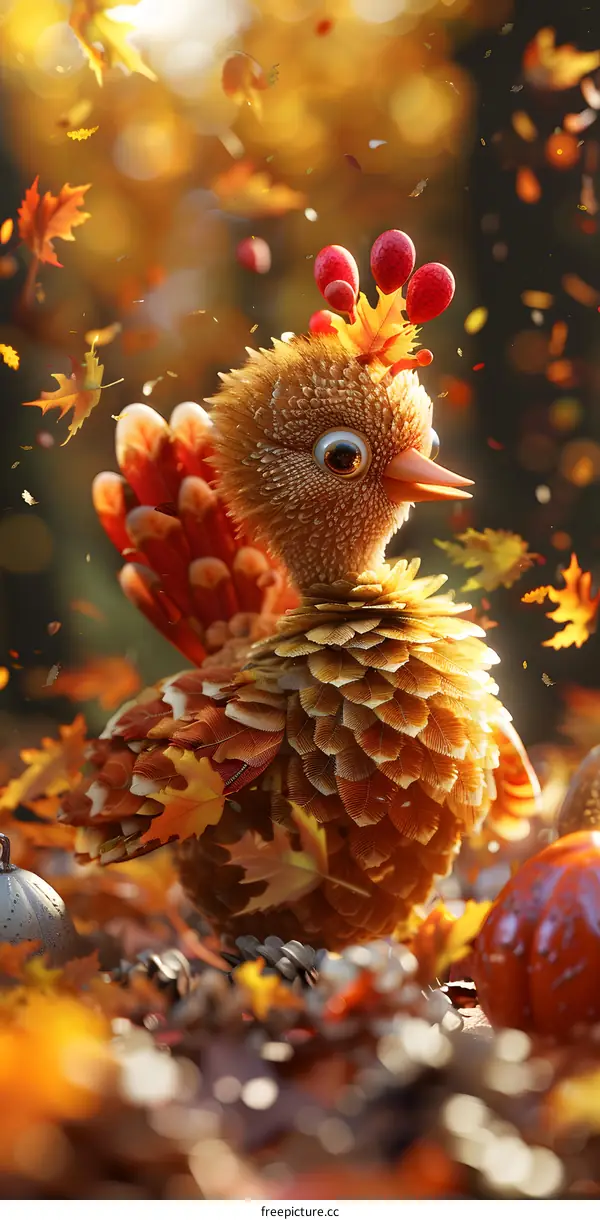 A cute turkey standing in the autumn leaves