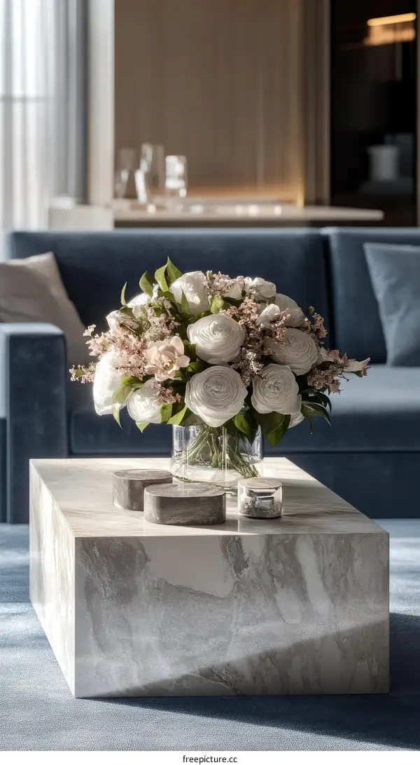 Modern Living Room Coffee Table with Bouquet of Flowers