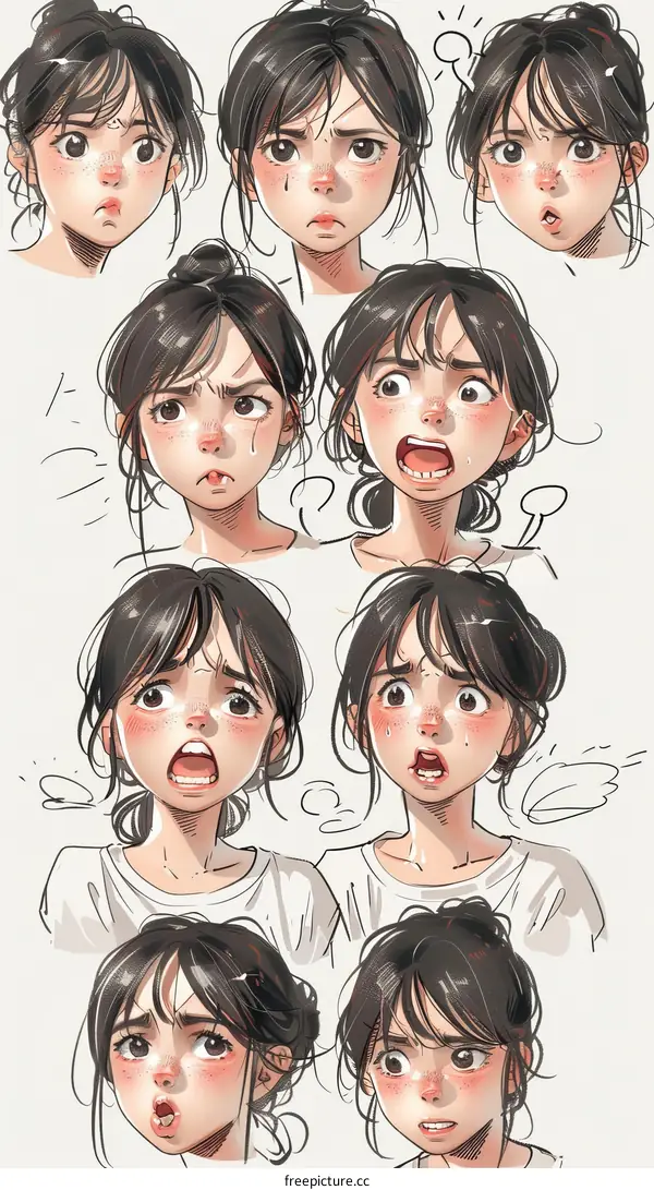 A collection of cute cartoon girl facial expressions