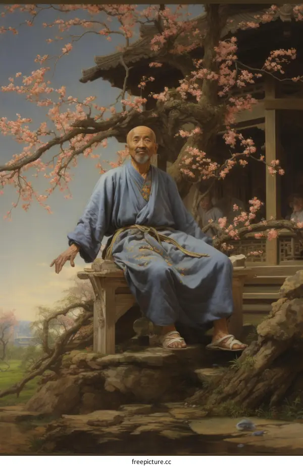An old man sitting on a rock under a cherry blossom tree