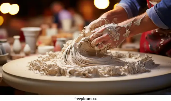 A potter kneads clay on a pottery wheel to prepare it for throwing.