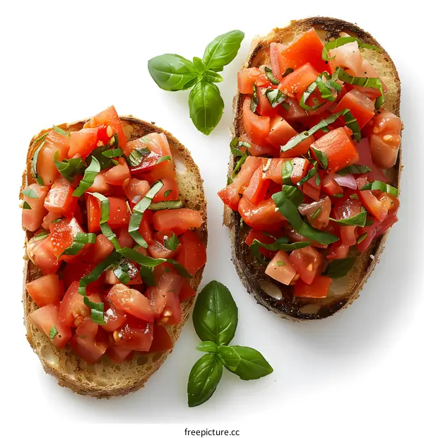 Two Bruschetta with Tomato and Basil on White Background