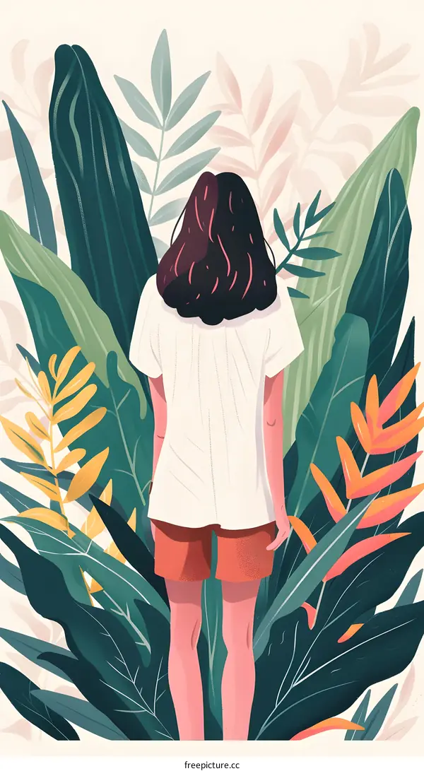 Woman Standing In Front of Tropical Leaves