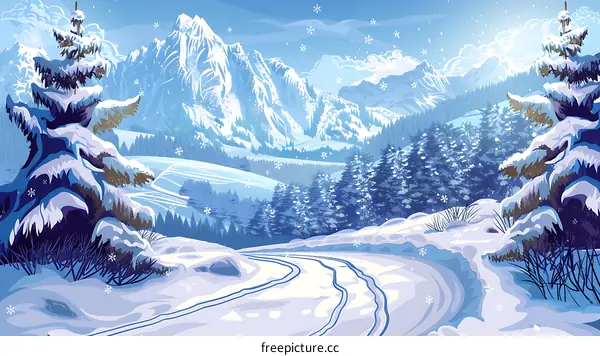Snowy Winter Landscape with Pine Trees and Mountains