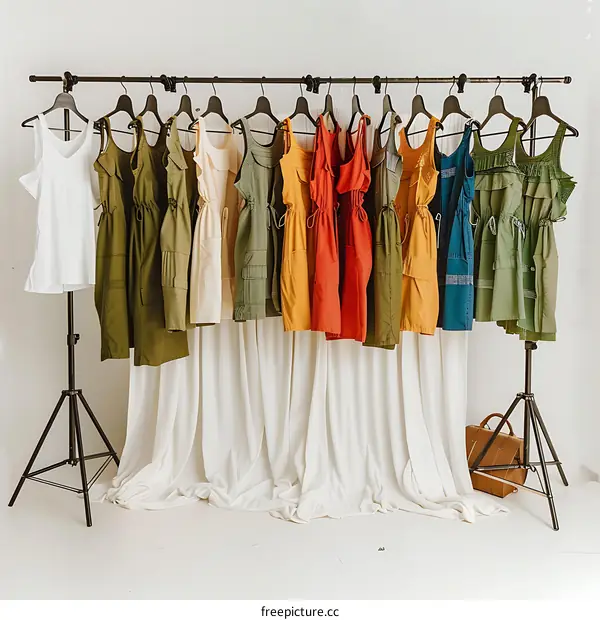 Colorful Dresses Hanging on Rack in Studio Setting