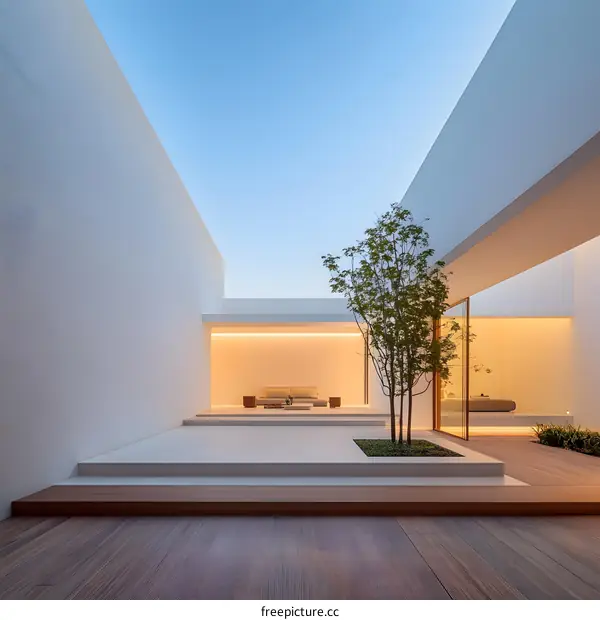 Minimalist Courtyard Design with a Single Tree