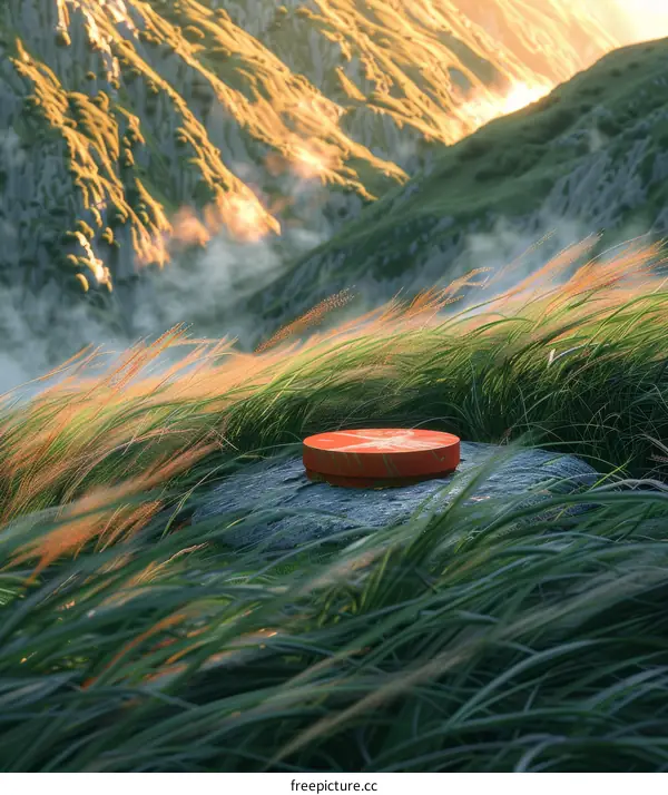 Orange Box on the Rock in the Grass Field with Mountains in the Background