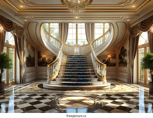 European style luxury house interior with marble floor and grand staircase