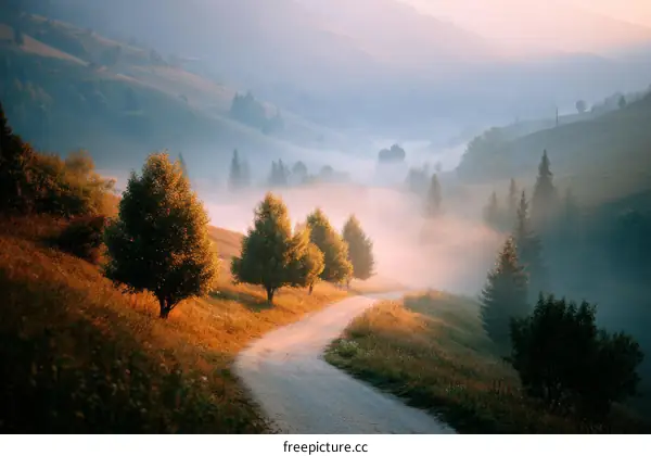 Misty Mountain Path at Sunrise