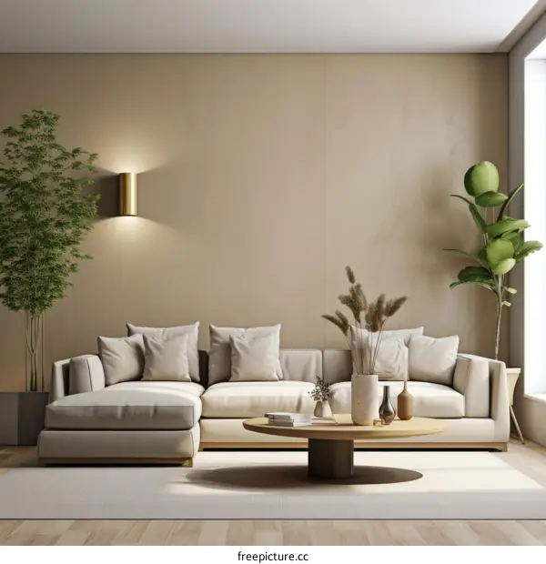 Modern Minimalist Living Room with Sofa, Coffee Table, and Plants
