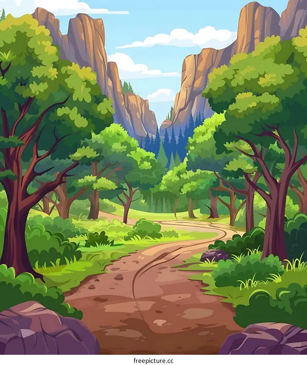 Scenic Path Through a Lush Green Forest with Mountain Views
