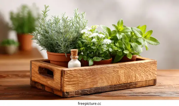 Wooden Herb Tray with Assorted Plants