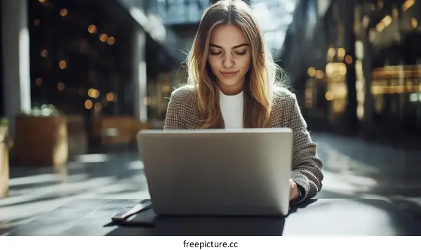 Woman Working on Laptop Outdoor Cafe